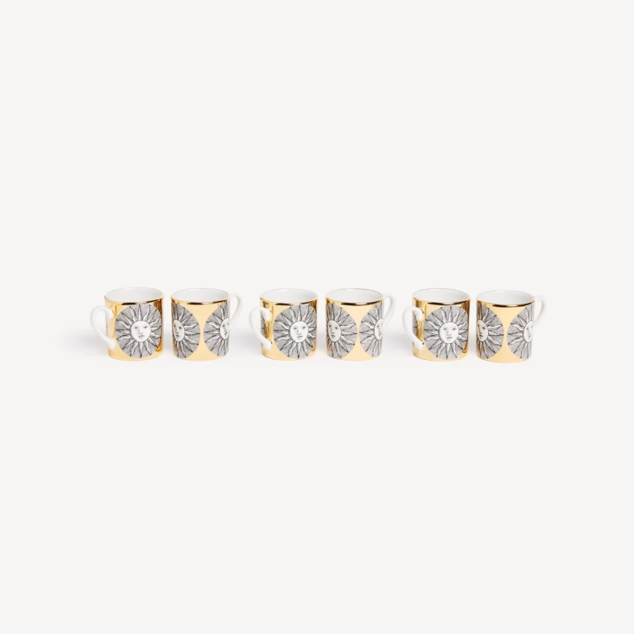Fornasetti Sole 6-Piece Coffee Cup Set in White, Black & Gold - Ceramic Espresso Cups