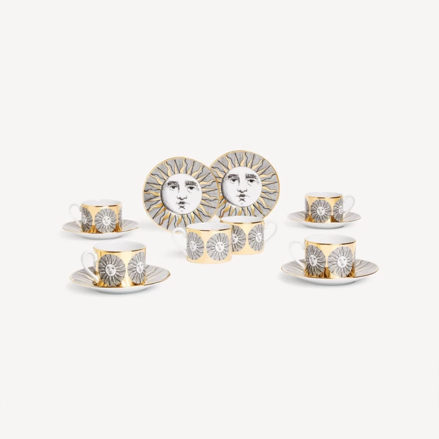 Fornasetti Sole 6-Piece Tea Cup Set in White, Black, and Gold