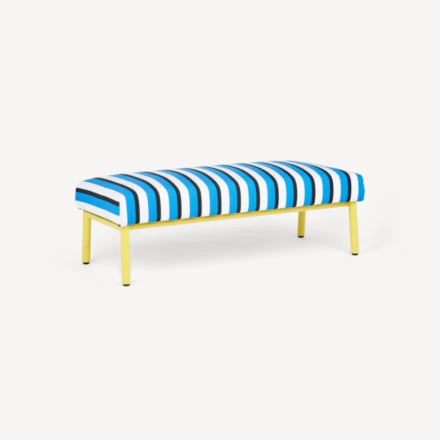 Fornasetti Outdoor Bench in Turquoise, White & Yellow - Rigato Pattern Garden Seating