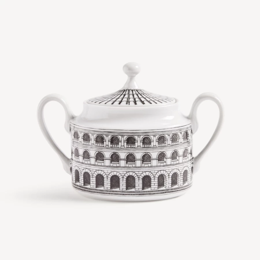 Fornasetti Architettura Sugar Bowl - White and Black Ceramic Collectible Design Piece