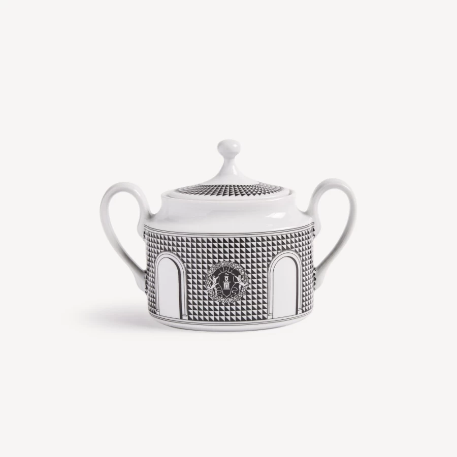 Fornasetti White and Black Sugar Bowl Facciata Quattrocentesca Porcelain Collectible