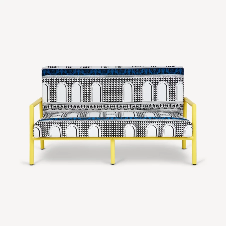 Fornasetti Facciata Quattrocentesca Outdoor Sofa in White, Black & Turquoise - Modern Garden Furniture