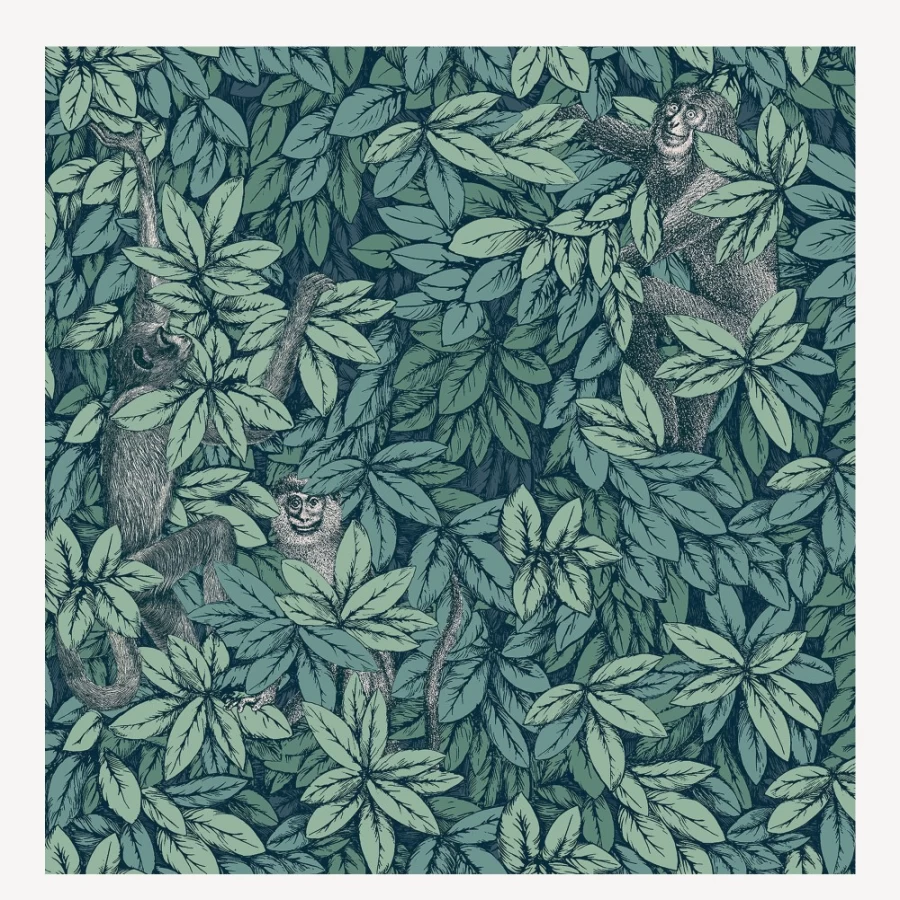 "Fornasetti Viridian Green Wallpaper with Leaves and Monkeys Design"