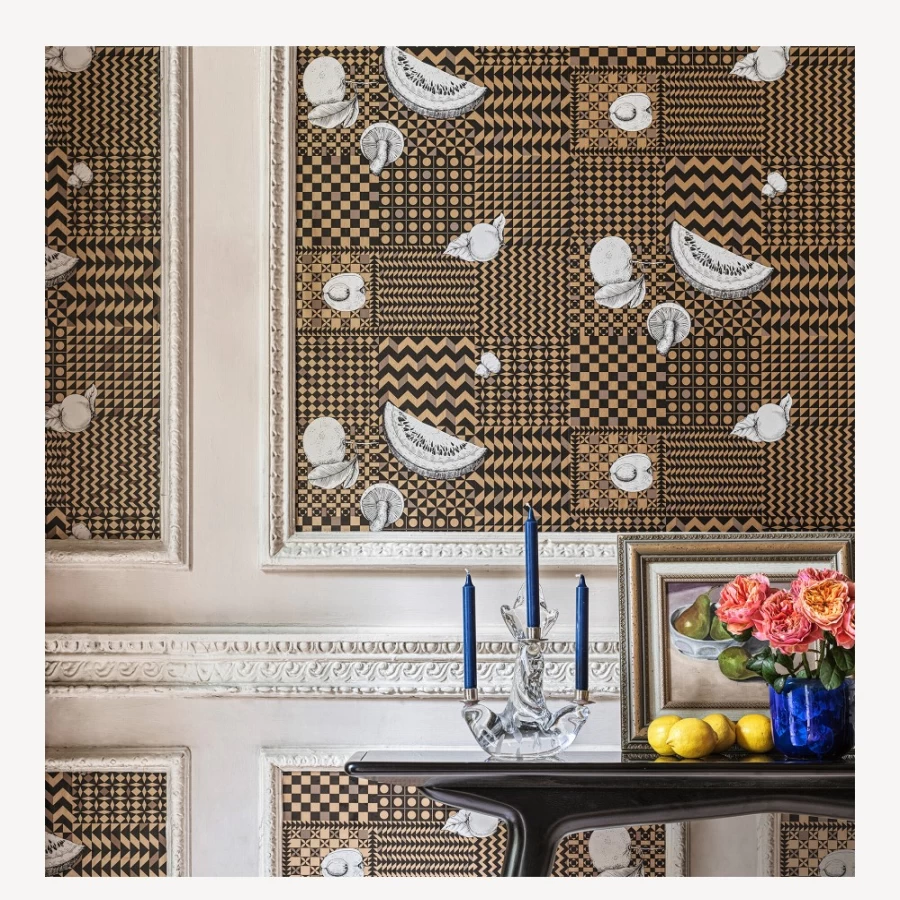 Fornasetti Black Frutta E Geometrico Wallpaper - Luxury Italian Design