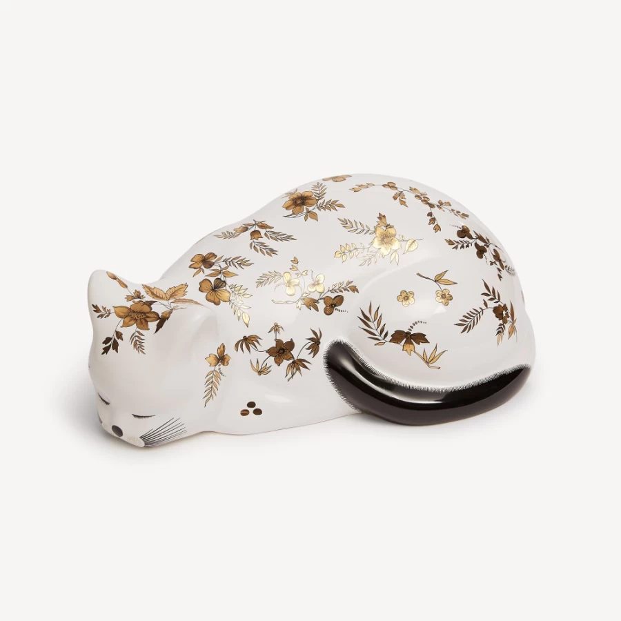 Fornasetti Cat Fiorato Decorative Object in White, Black & Gold