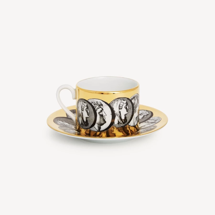 Fornasetti White Black Gold Tea Cup Cammei - Decorative Porcelain Collectible