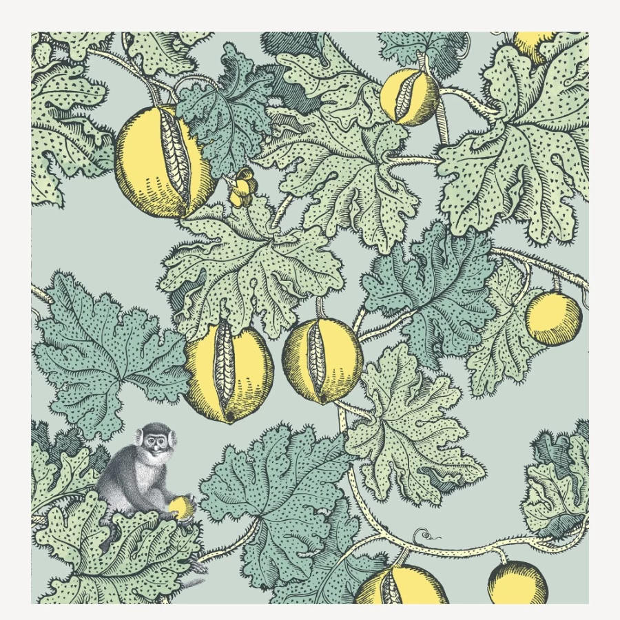 Fornasetti Wallpaper Frutto Proibito in Seafoam and Lemon - Luxury Designer Wallpaper