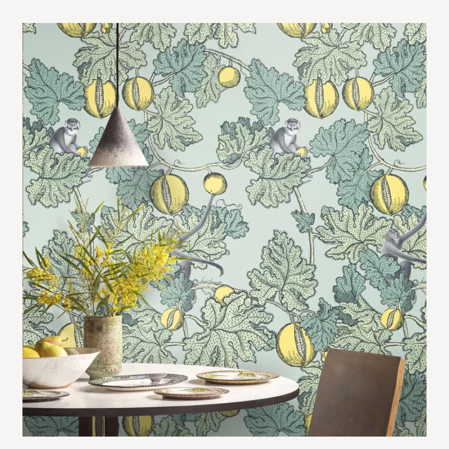Fornasetti Wallpaper Frutto Proibito in Seafoam and Lemon - Luxury Designer Wallpaper