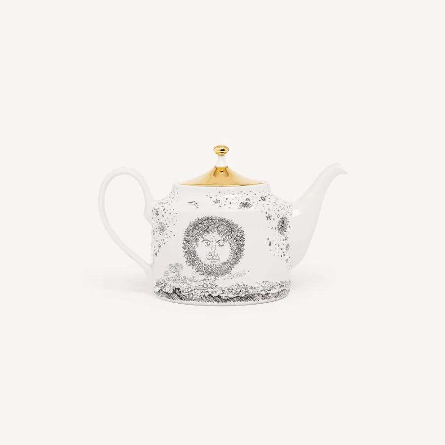 Fornasetti White Black Gold Teapot Solitario - Decorative Ceramic Teapot