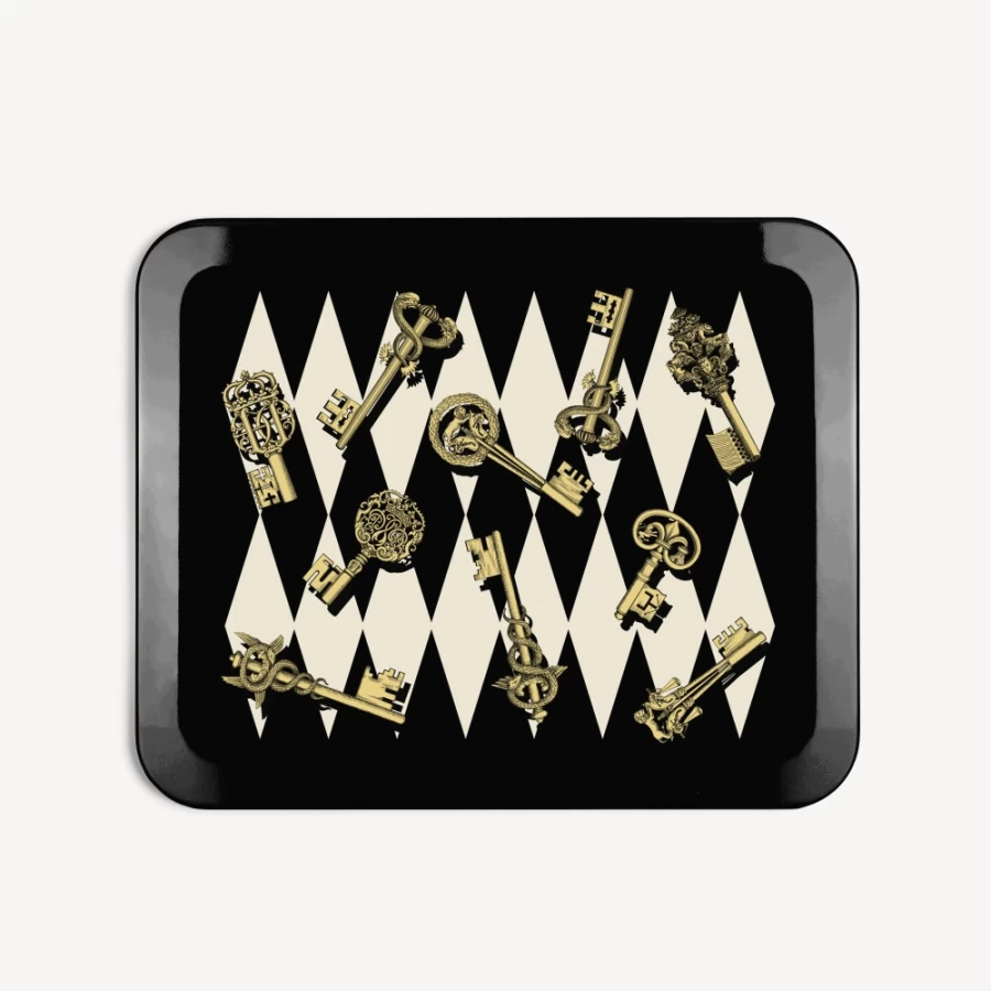 Fornasetti Tray Chiavi E Rombi Decorative Tray in White, Black & Gold - Luxury Home Accessories