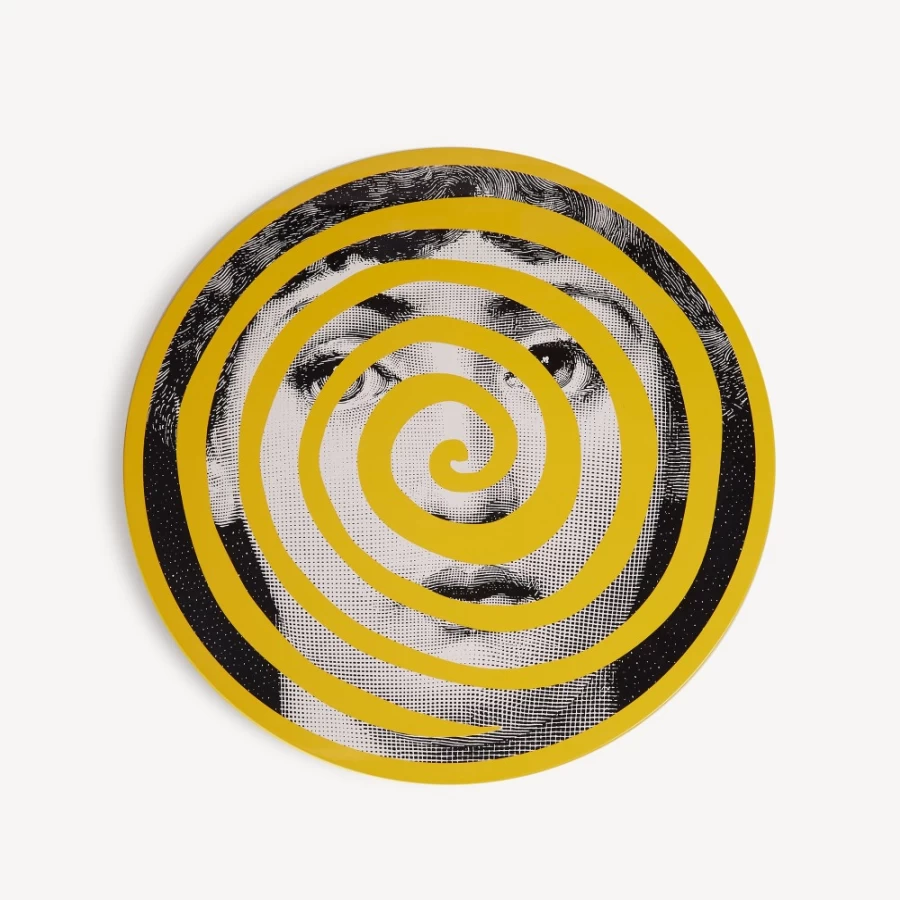 Fornasetti Tamburo Table Rigalina - White, Black & Yellow Decorative Ceramic Side Table