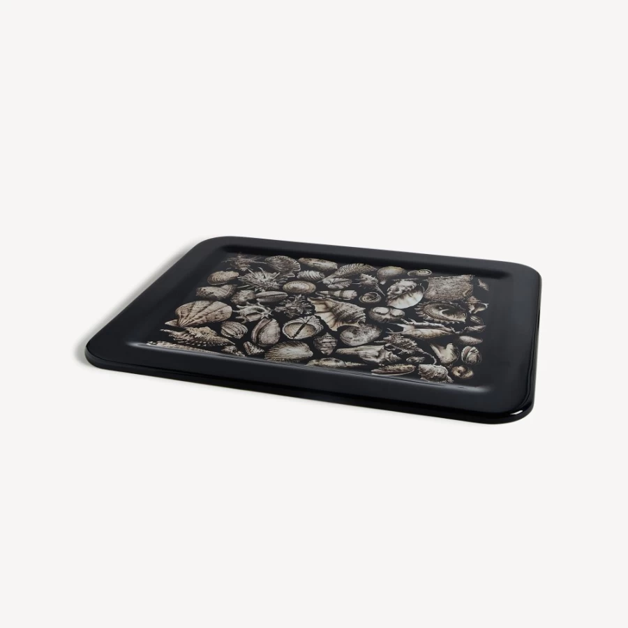 Fornasetti Conchiglie Tray in White, Black, and Blue - Decorative Shell-Shaped Tray