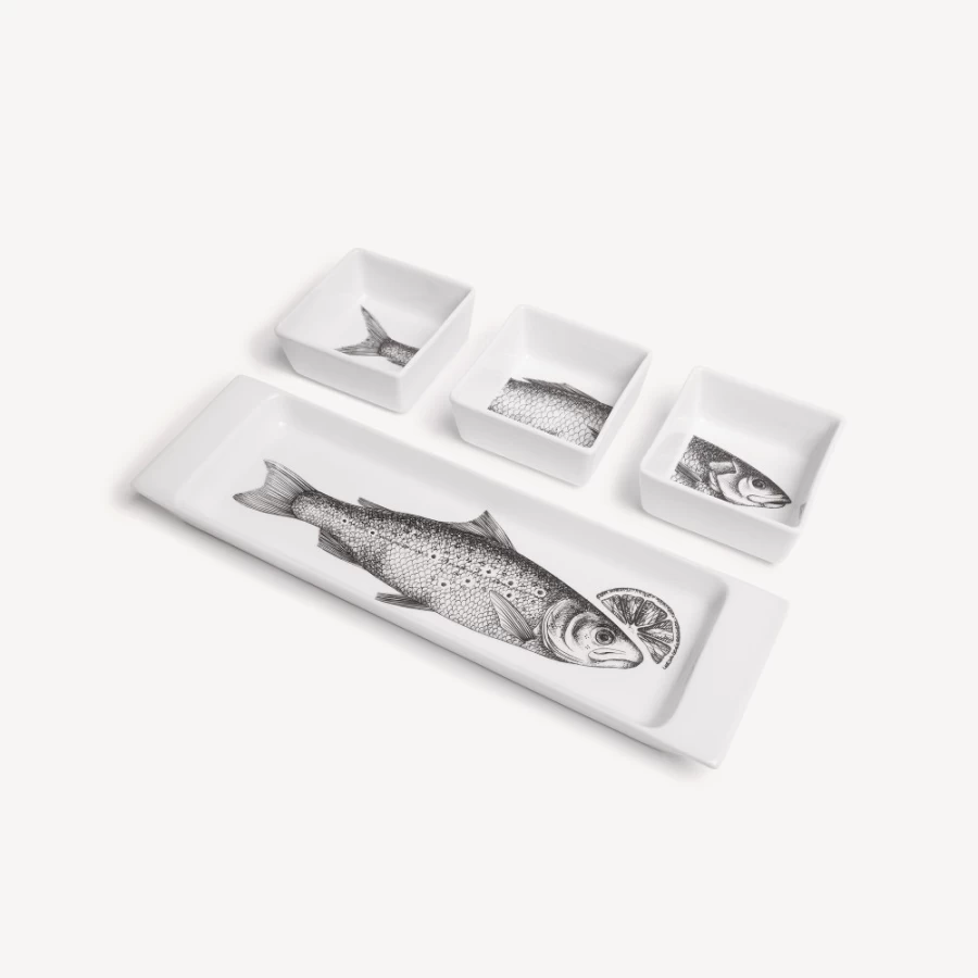 Fornasetti White and Black Pesci Appetizer Set - Elegant Ceramic Appetizer Plates